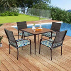 Set da pranzo da patio Costway 5 pezzi con tavolo in legno-plastica e foro per ombrellone per cortile