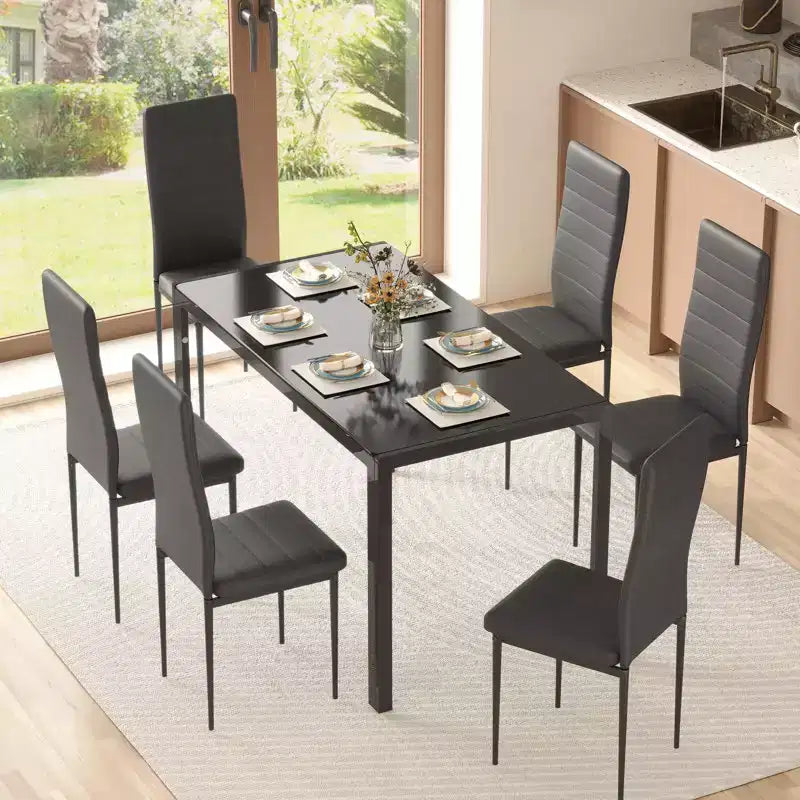 EROMMY Ebern Designs 7-piece Glass Top Dining Table Set, Kitchen Table And 6 Luxury Faux Leather Chairs,Black