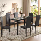 EROMMY Ebern Designs Ensemble de salle à manger 7 pièces avec table en verre, table de cuisine et 6 chaises de luxe en similicuir, noir
