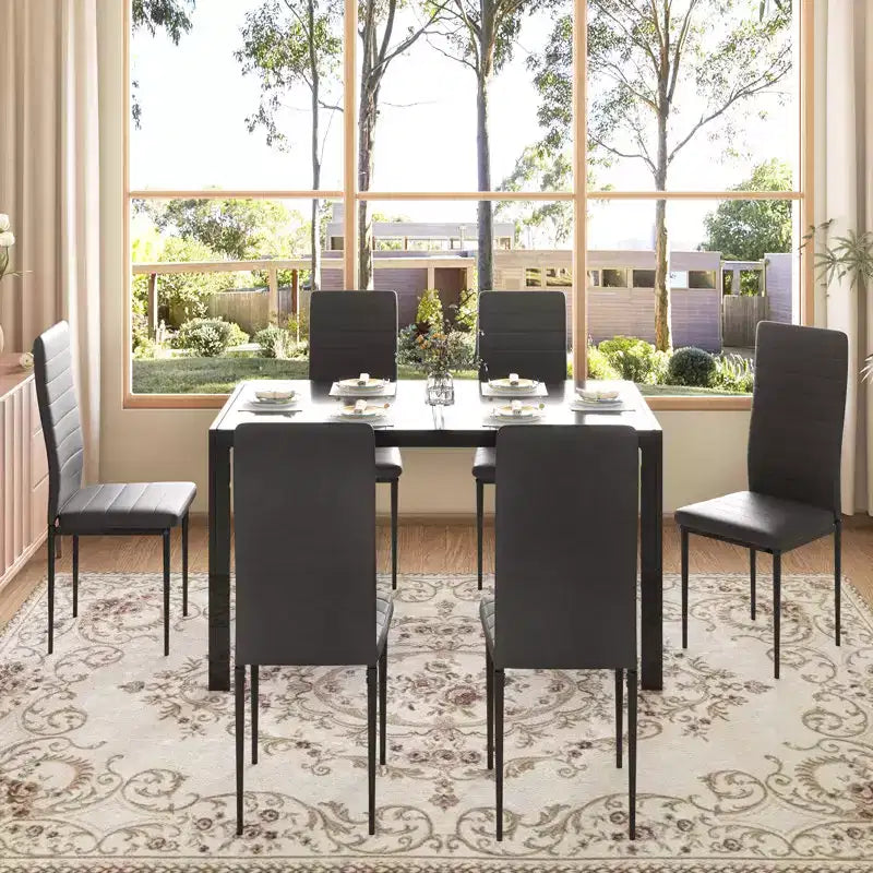 EROMMY Ebern Designs Ensemble de salle à manger 7 pièces avec table en verre, table de cuisine et 6 chaises de luxe en similicuir, noir