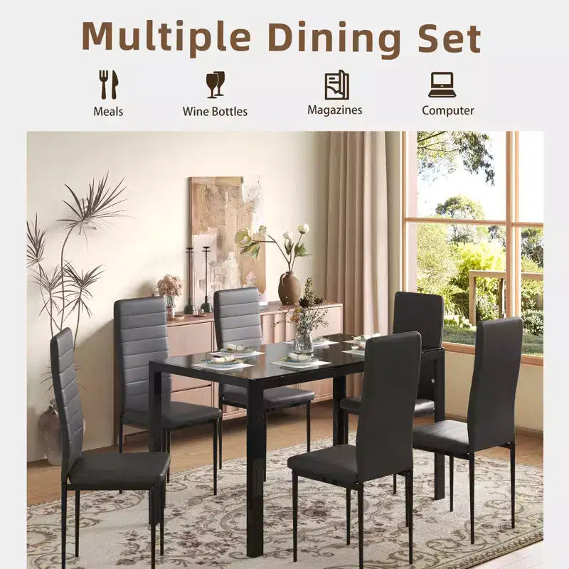 EROMMY Ebern Designs Ensemble de salle à manger 7 pièces avec table en verre, table de cuisine et 6 chaises de luxe en similicuir, noir