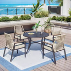 Captiva Designs 5pc Patio Slat-top Round Steel Dining Table & Beige Rattan Chairs with Thick Cushions
