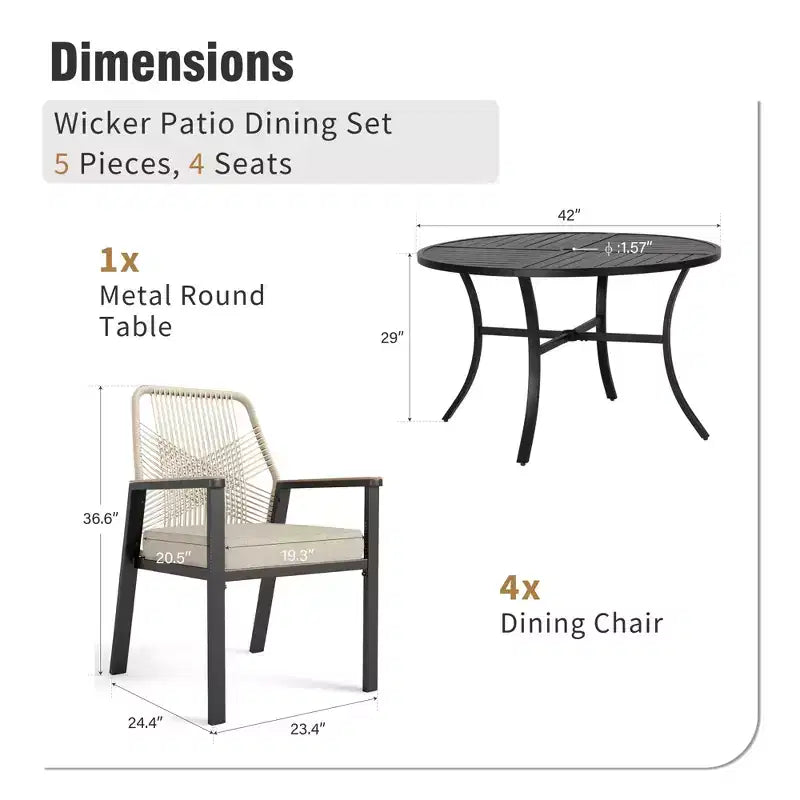 Captiva Designs Set da pranzo da esterno 5 pezzi con tavolo rotondo in acciaio con piano a doghe e sedie in rattan beige con cuscini spessi