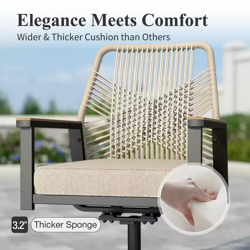 Captiva Designs Set da pranzo da esterno 5 pezzi con tavolo rotondo in acciaio con piano a doghe e sedie in rattan beige con cuscini spessi