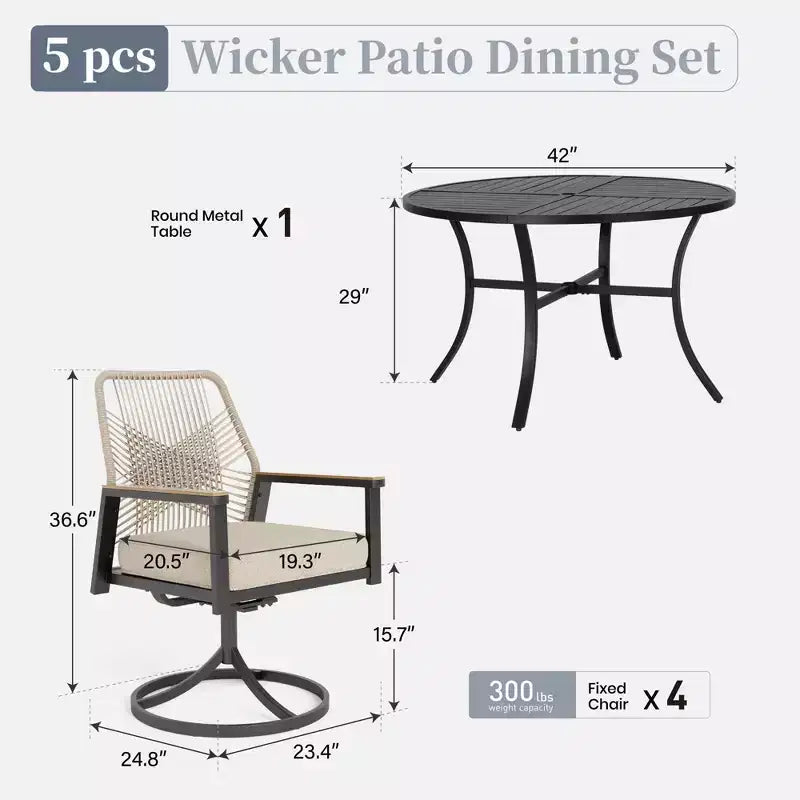 Captiva Designs Set da pranzo da esterno 5 pezzi con tavolo rotondo in acciaio con piano a doghe e sedie in rattan beige con cuscini spessi