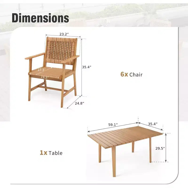 Ensemble de salle à manger d'extérieur Captiva Designs avec chaises en rotin et 1 table rectangulaire en bois d'acacia