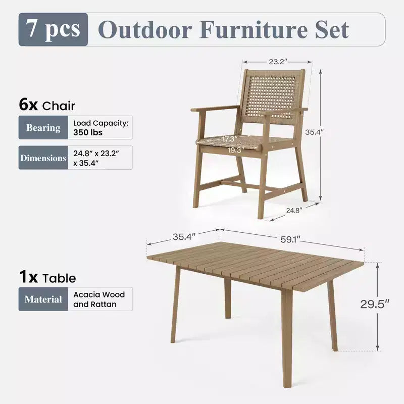 Ensemble de salle à manger d'extérieur Captiva Designs avec chaises en rotin et 1 table rectangulaire en bois d'acacia