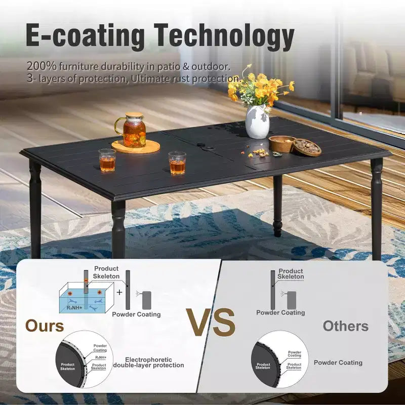 Captiva Designs Set da pranzo da esterno 7 pezzi con tavolo rettangolare con piano a doghe e sedie fisse in textilene grigio