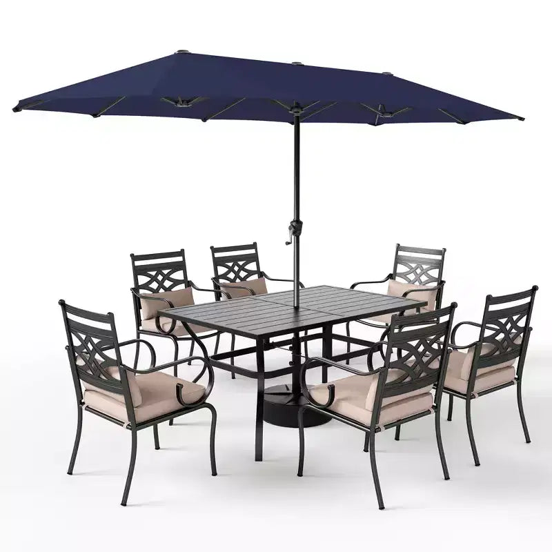 Captiva Designs Ensemble 8 pièces : Table de salle à manger rectangulaire en acier, chaises en métal rembourrées et parasol déporté