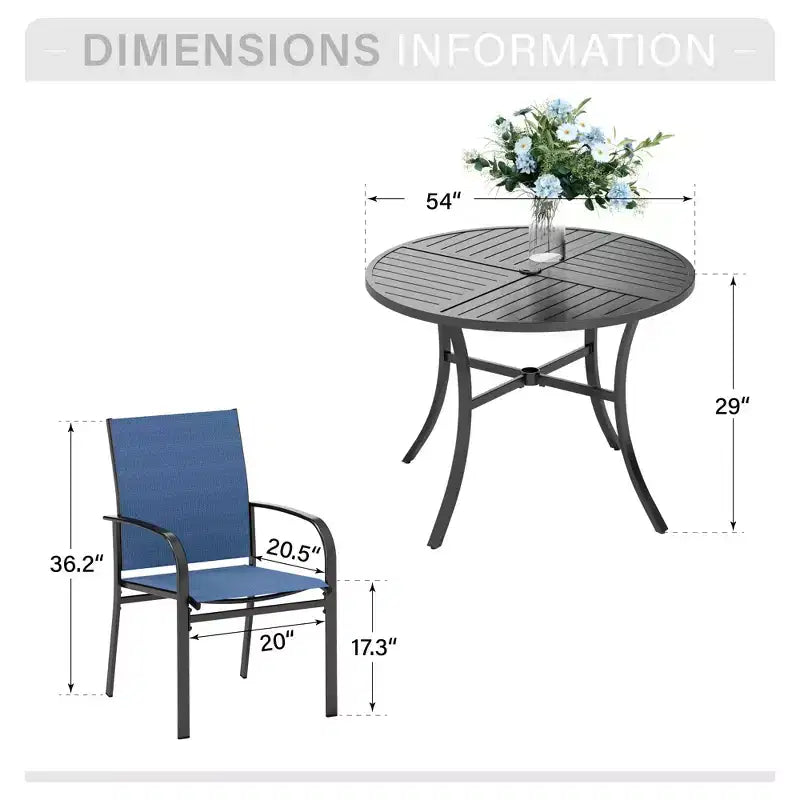 Captiva Designs Table ronde en acier à lattes noires 7 pièces avec trou pour parasol et chaises en textilène