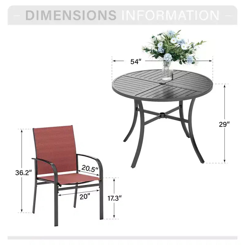 Captiva Designs Table ronde en acier à lattes noires 7 pièces avec trou pour parasol et chaises en textilène