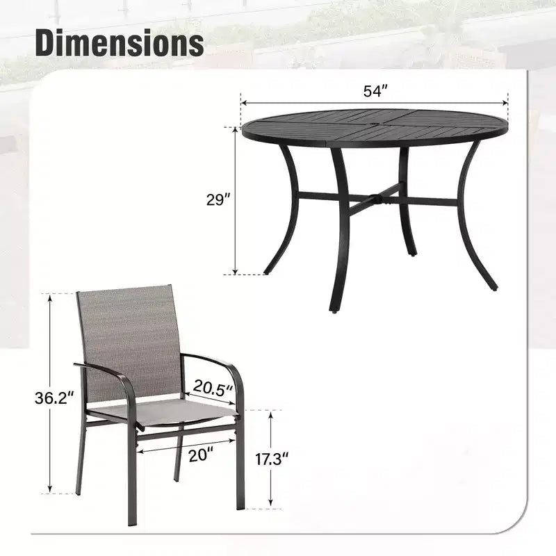 Captiva Designs Table ronde en acier à lattes noires 7 pièces avec trou pour parasol et chaises en textilène