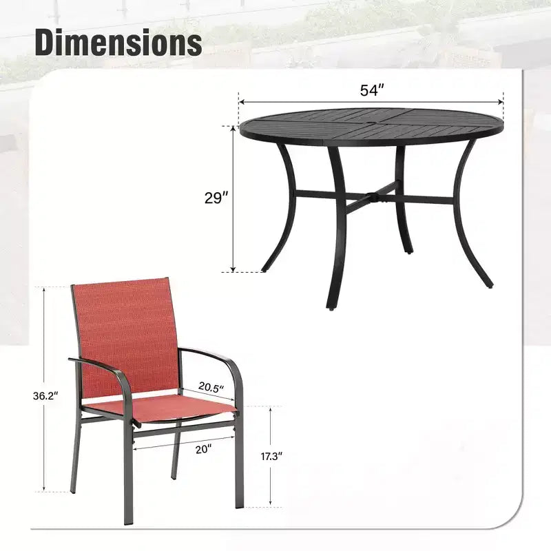 Captiva Designs Table ronde en acier à lattes noires 7 pièces avec trou pour parasol et chaises en textilène