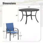 Captiva Designs Table ronde en acier à lattes noires 7 pièces avec trou pour parasol et chaises en textilène