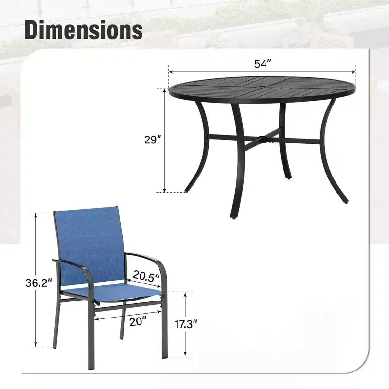 Captiva Designs Table ronde en acier à lattes noires 7 pièces avec trou pour parasol et chaises en textilène