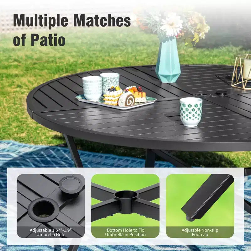 Captiva Designs Set da 7 Pezzi da Giardino Tavolo Rotondo in Acciaio Nero a Doghe con Foro per Ombrellone e Sedie in Textilene Marrone Grigio