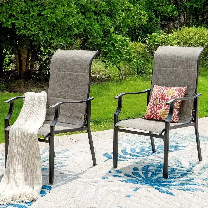 Captiva Designs Set da 7 Pezzi da Giardino Tavolo Rotondo in Acciaio Nero a Doghe con Foro per Ombrellone e Sedie in Textilene Marrone Grigio