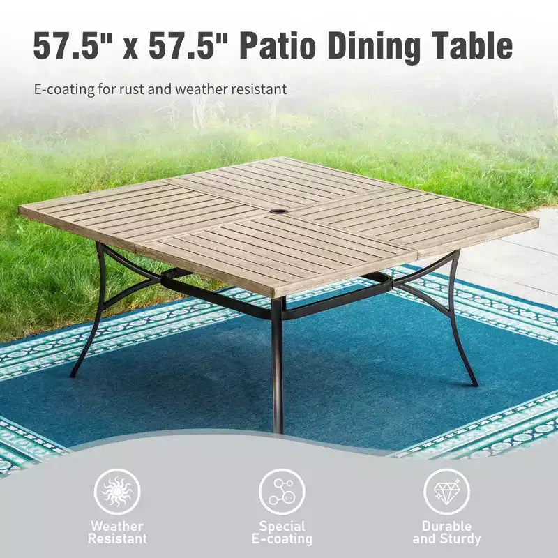 Captiva Designs Set 9 Pezzi Tavolo Quadrato Spazioso con Piano a Doghe in Metallo e Sedie in Rattan e Metallo con Cuscini Spessi