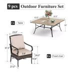 Captiva Designs Set 9 Pezzi Tavolo Quadrato Spazioso con Piano a Doghe in Metallo e Sedie in Rattan e Metallo con Cuscini Spessi