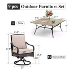 Captiva Designs Set 9 Pezzi Tavolo Quadrato Spazioso con Piano a Doghe in Metallo e Sedie in Rattan e Metallo con Cuscini Spessi