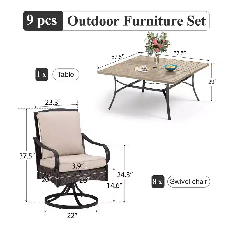 Captiva Designs Set 9 Pezzi Tavolo Quadrato Spazioso con Piano a Doghe in Metallo e Sedie in Rattan e Metallo con Cuscini Spessi