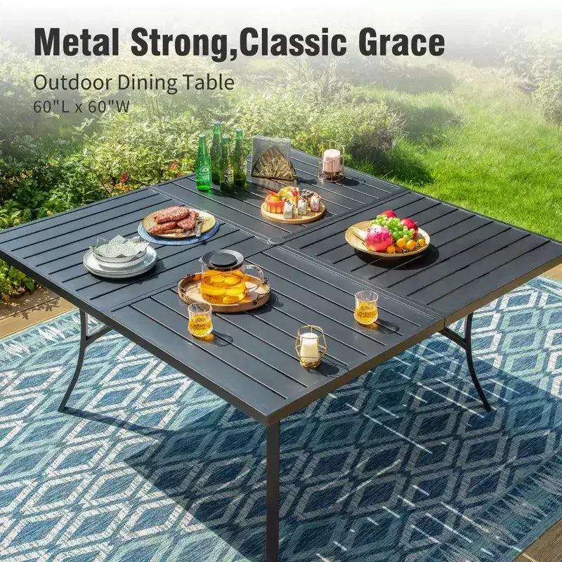 Captiva Designs Set 9 Pezzi Tavolo Quadrato Spazioso con Piano a Doghe in Metallo e Sedie in Rattan e Metallo con Cuscini Spessi