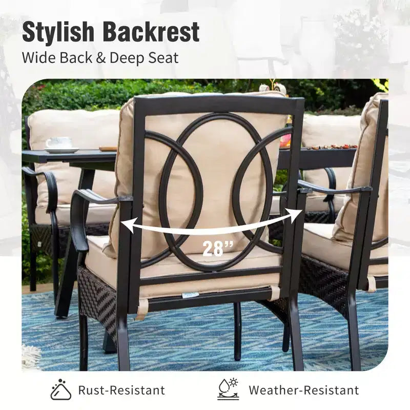Captiva Designs Set 9 Pezzi Tavolo Quadrato Spazioso con Piano a Doghe in Metallo e Sedie in Rattan e Metallo con Cuscini Spessi
