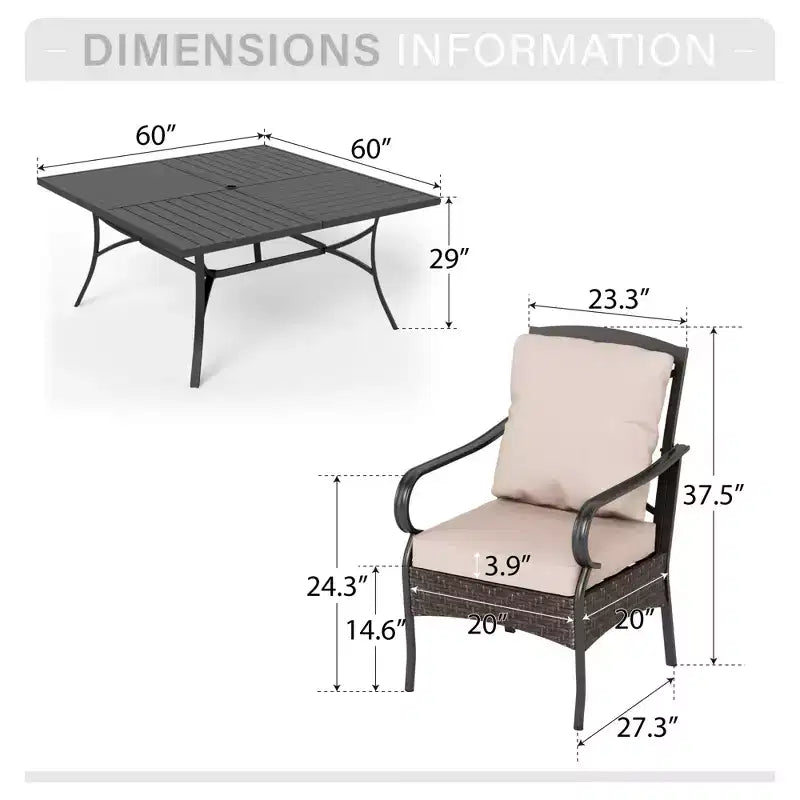 Captiva Designs Set 9 Pezzi Tavolo Quadrato Spazioso con Piano a Doghe in Metallo e Sedie in Rattan e Metallo con Cuscini Spessi