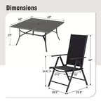 Captiva Designs Tavolo Quadrato in Metallo 9pz con Piano a Doghe Spazioso, Foro per Ombrellone e Sedie Pieghevoli Reclinabili in Tessuto Sling