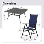 Captiva Designs Tavolo Quadrato in Metallo 9pz con Piano a Doghe Spazioso, Foro per Ombrellone e Sedie Pieghevoli Reclinabili in Tessuto Sling