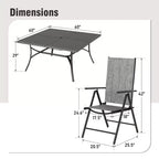 Captiva Designs Tavolo Quadrato in Metallo 9pz con Piano a Doghe Spazioso, Foro per Ombrellone e Sedie Pieghevoli Reclinabili in Tessuto Sling