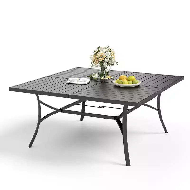 Captiva Designs Tavolo Quadrato in Metallo 9pz con Piano a Doghe Spazioso, Foro per Ombrellone e Sedie Pieghevoli Reclinabili in Tessuto Sling
