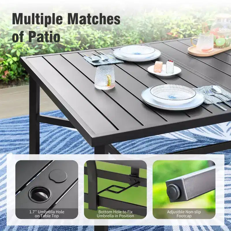 Captiva Designs, set di 9 pz con ampio tavolo rettangolare in metallo con piano a doghe e foro per ombrellone e sedie reclinabili pieghevoli in Textilene