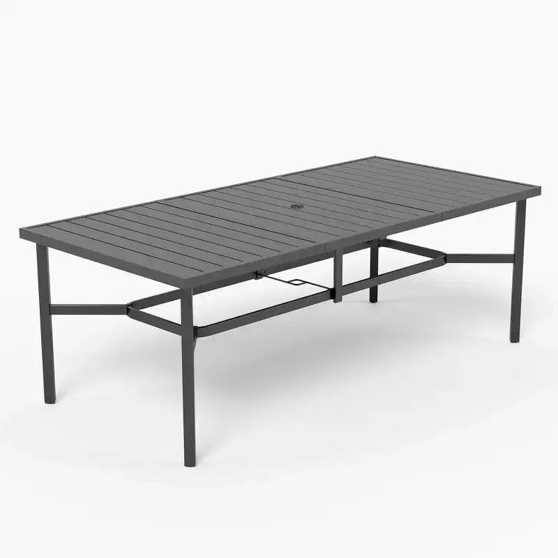 Captiva Designs, set di 9 pz con ampio tavolo rettangolare in metallo con piano a doghe e foro per ombrellone e sedie reclinabili pieghevoli in Textilene