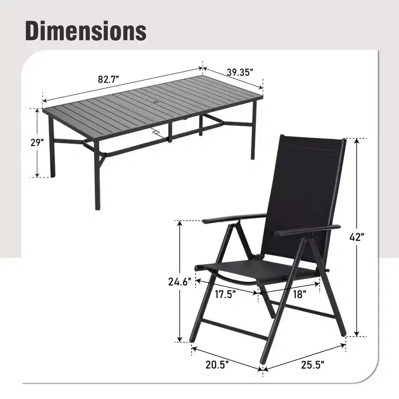 Captiva Designs, set di 9 pz con ampio tavolo rettangolare in metallo con piano a doghe e foro per ombrellone e sedie reclinabili pieghevoli in Textilene
