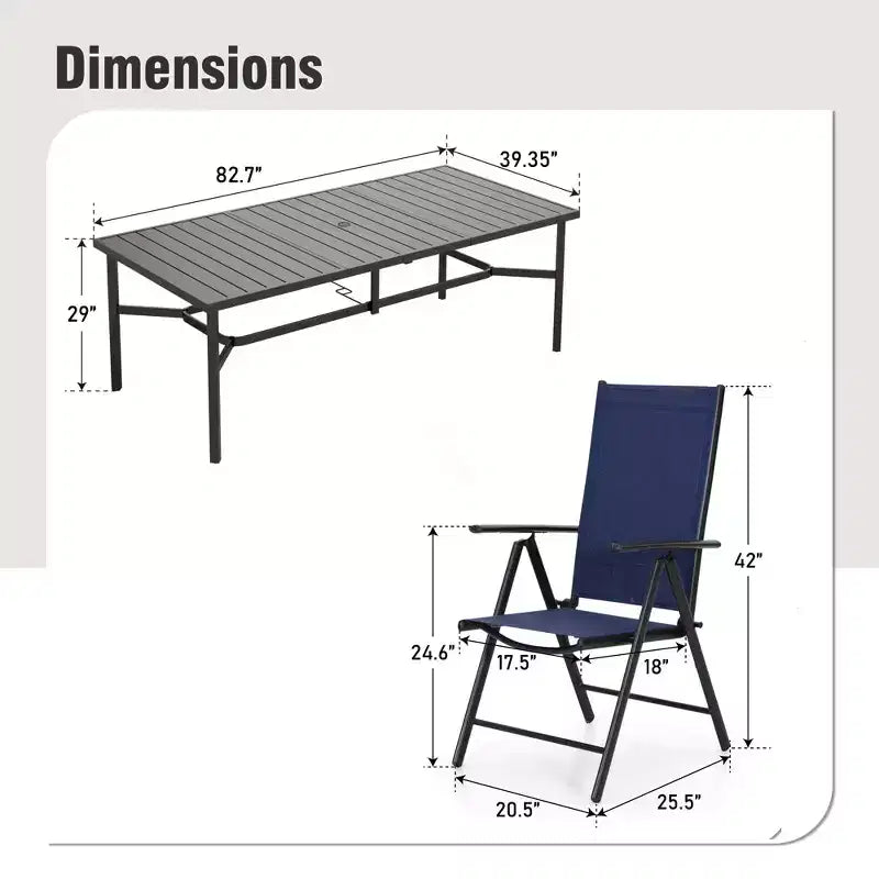 Captiva Designs, set di 9 pz con ampio tavolo rettangolare in metallo con piano a doghe e foro per ombrellone e sedie reclinabili pieghevoli in Textilene