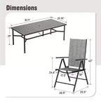 Captiva Designs, set di 9 pz con ampio tavolo rettangolare in metallo con piano a doghe e foro per ombrellone e sedie reclinabili pieghevoli in Textilene