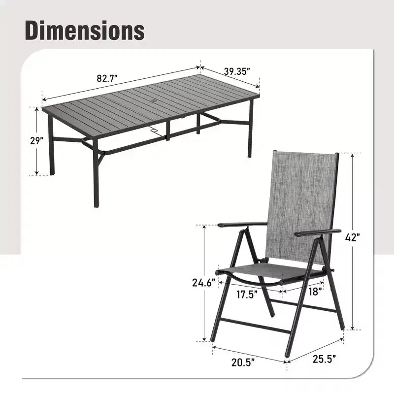 Captiva Designs, set di 9 pz con ampio tavolo rettangolare in metallo con piano a doghe e foro per ombrellone e sedie reclinabili pieghevoli in Textilene