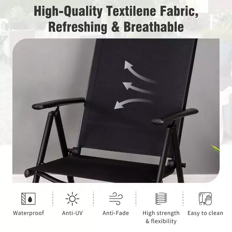 Captiva Designs, set di 9 pz con ampio tavolo rettangolare in metallo con piano a doghe e foro per ombrellone e sedie reclinabili pieghevoli in Textilene