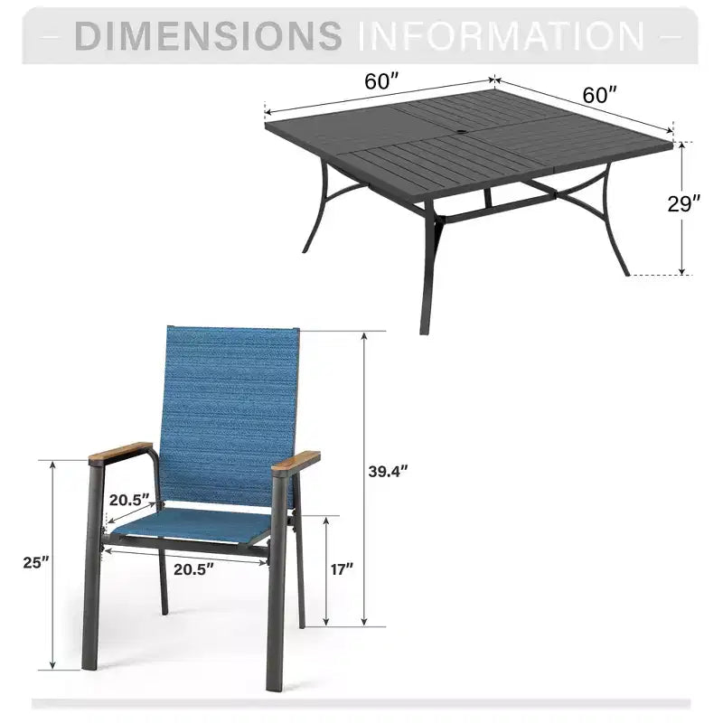 Captiva Designs Set 9 pezzi tavolo da pranzo quadrato con piano a doghe in metallo e sedie impilabili in textilene e alluminio