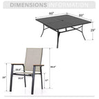 Captiva Designs Set 9 pezzi tavolo da pranzo quadrato con piano a doghe in metallo e sedie impilabili in textilene e alluminio