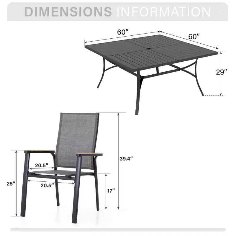 Captiva Designs Set 9 pezzi tavolo da pranzo quadrato con piano a doghe in metallo e sedie impilabili in textilene e alluminio