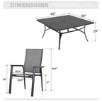 Captiva Designs Set 9 pezzi tavolo da pranzo quadrato con piano a doghe in metallo e sedie impilabili in textilene e alluminio