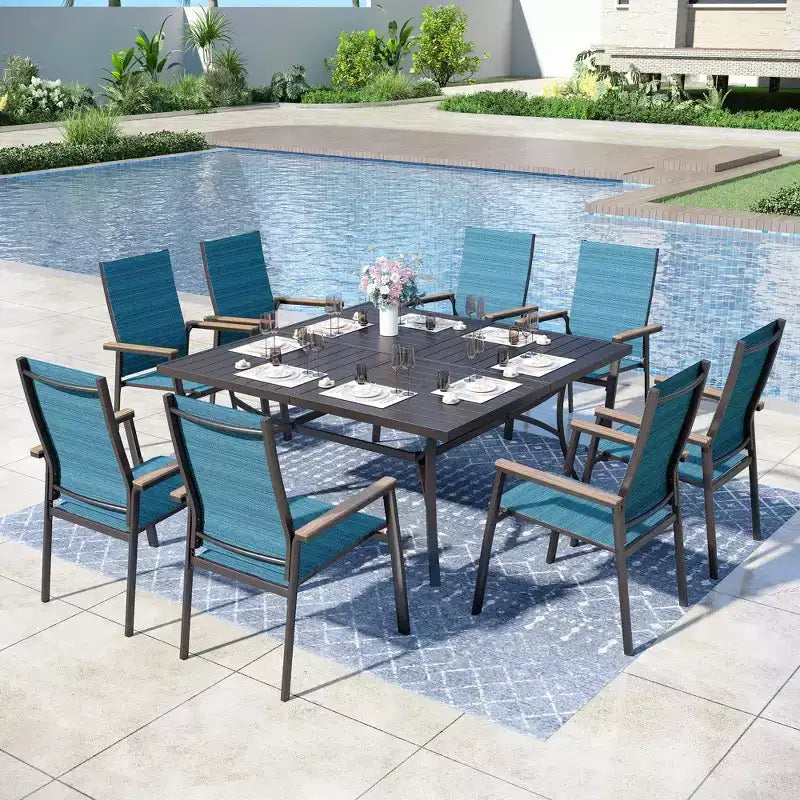 Captiva Designs Table à manger carrée en métal avec plateau à lattes et chaises en aluminium empilables en textilène, 9 pièces