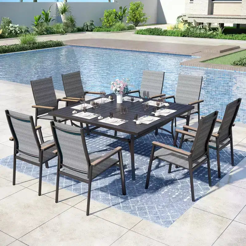 Captiva Designs Table à manger carrée en métal avec plateau à lattes et chaises en aluminium empilables en textilène, 9 pièces