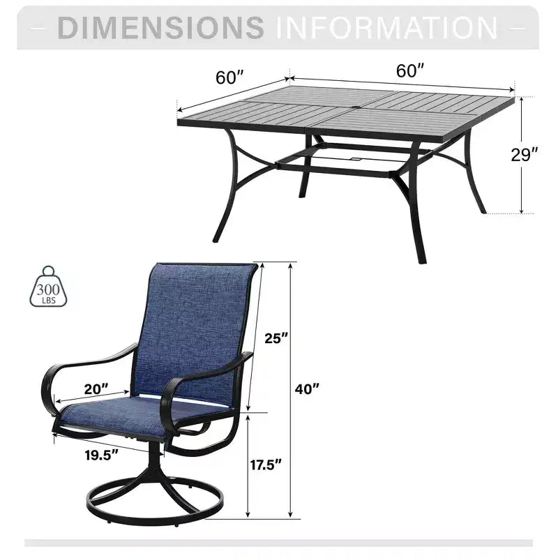 Captiva Designs – Salon de jardin spacieux 9 pièces composé d'une table carrée en métal à lattes avec trou pour parasol et de fauteuils pivotants en textilène