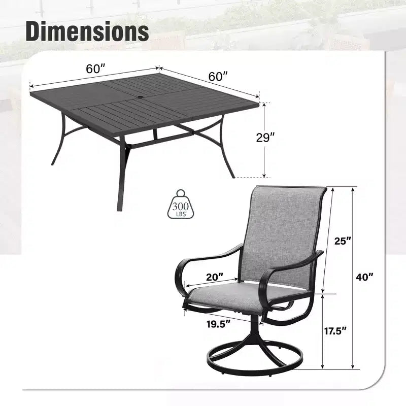 Captiva Designs – Salon de jardin spacieux 9 pièces composé d'une table carrée en métal à lattes avec trou pour parasol et de fauteuils pivotants en textilène