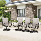 Captiva Designs – Salon de jardin spacieux 9 pièces composé d'une table carrée en métal à lattes avec trou pour parasol et de fauteuils pivotants en textilène