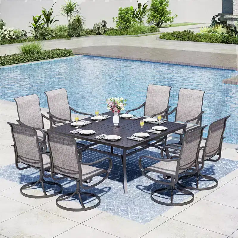 Captiva Designs 9pc Spacious Slat-top Square Metal Table with Umbrella Hole & Textilene Swivel Chairs