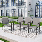 Captiva Designs Ensemble de 9 pièces, table rectangulaire spacieuse en métal à lattes avec trou pour parasol et chaises fixes en acier avec accoudoirs en forme de calebasse.